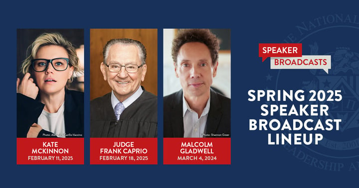 Spring 2025 NSLS Speakers: Kate McKinnon, Judge Frank Caprio, and Malcolm Gladwell.